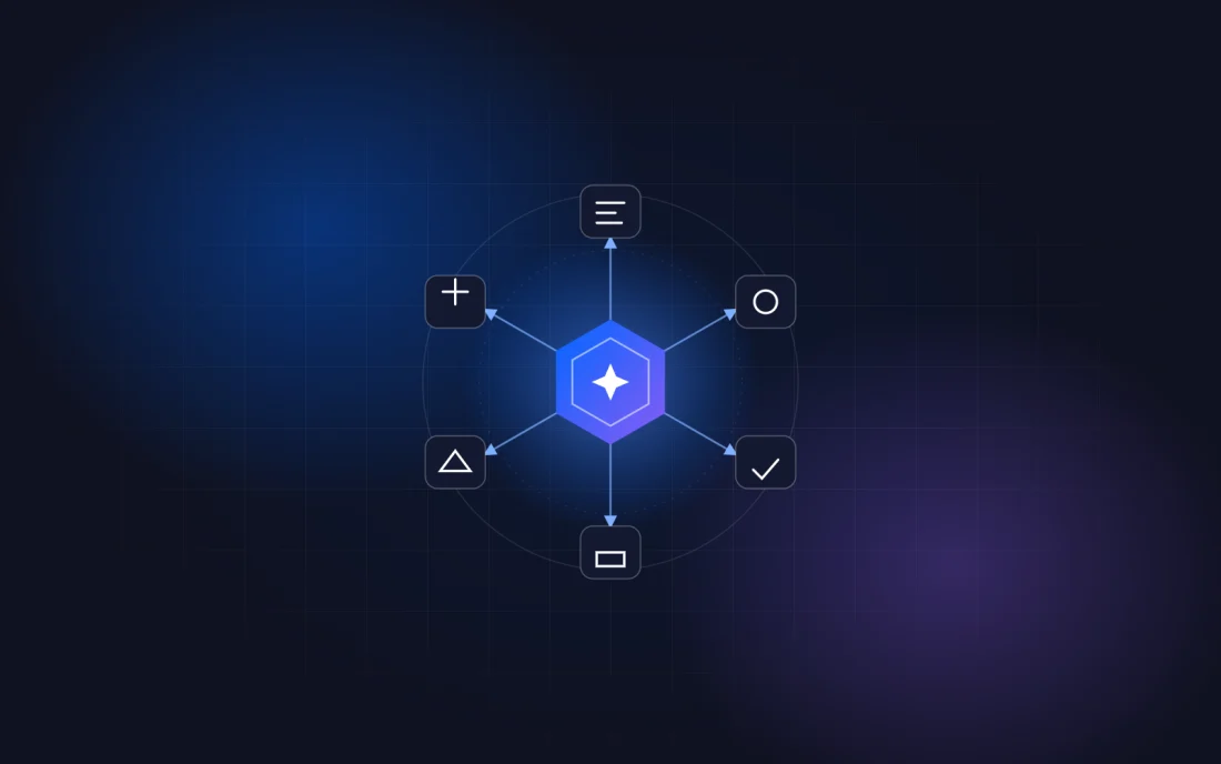 A central hexagon sending arrows to six task icons around it